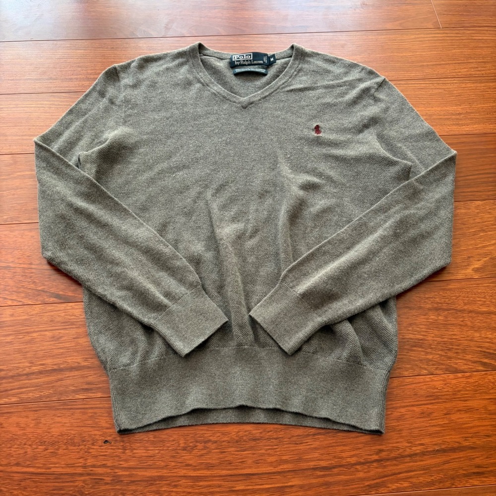 Polo Ralph Lauren Grey Cashmere Blend V-Neck Sweater Y2K Size M